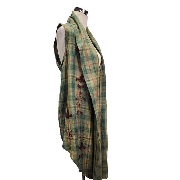 Kyla Seo Green Plaid Embroidered Open Front Sleeveless Cardigan Small EUC - Picture 3 of 13